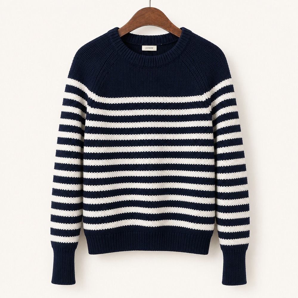 J.Crew Sweater Size L 2011‎ Cotton Navy Ivory Shaker Sweater Preppy Nautical
